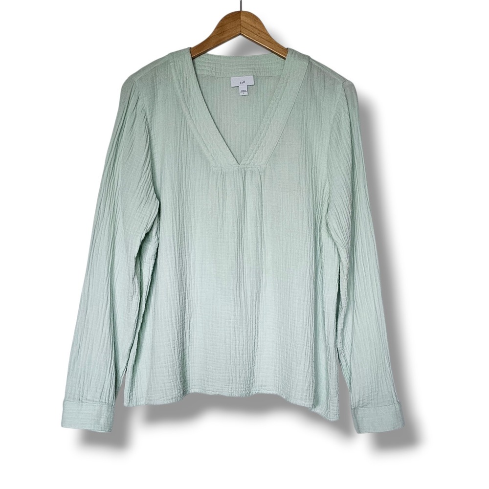 J. Jill Top L Womens Mint Green Gauzy V-Neck Long Sleeve Cotton Crinkle Textured